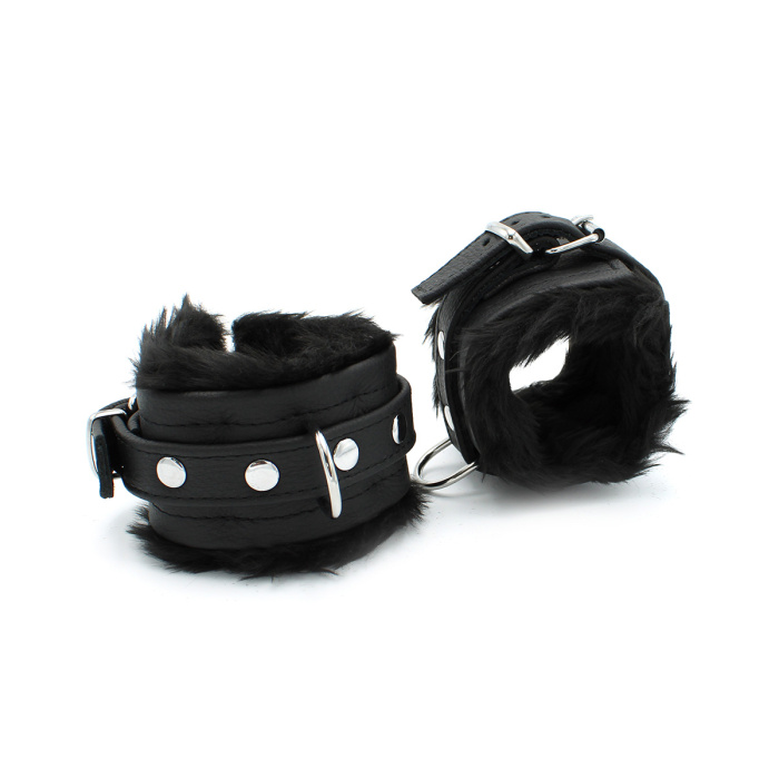Fluffy Inside Black Leather Handcuffs - Afbeelding 2