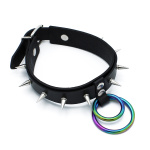 Black Leather Spiked Collar Double Rainbow O-Ring - Afbeelding 8