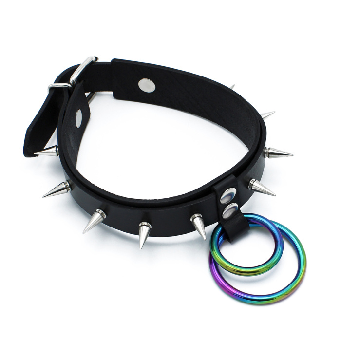 Black Leather Spiked Collar Double Rainbow O-Ring - Afbeelding 8