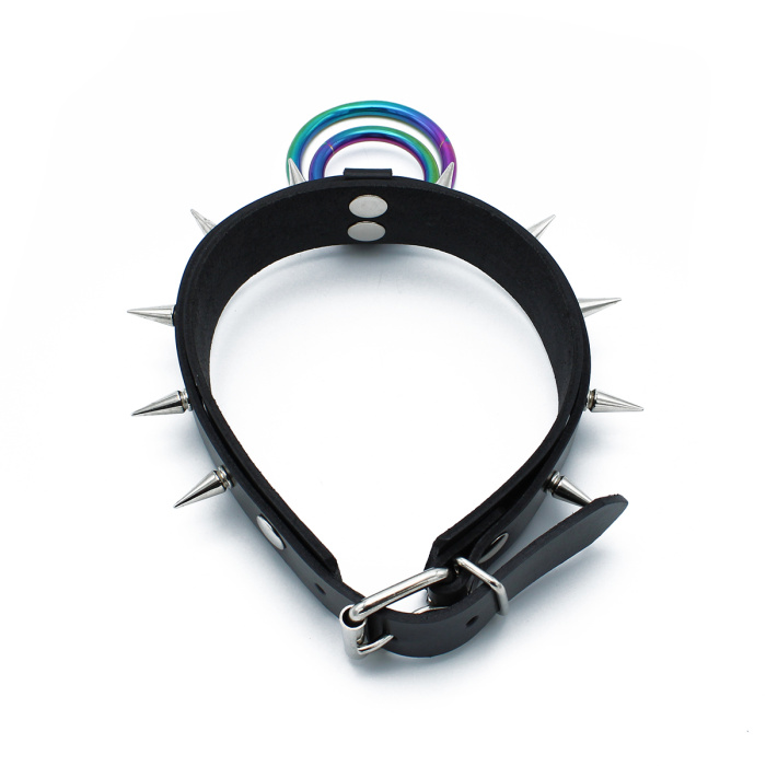 Black Leather Spiked Collar Double Rainbow O-Ring - Afbeelding 4
