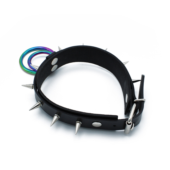 Black Leather Spiked Collar Double Rainbow O-Ring - Afbeelding 5