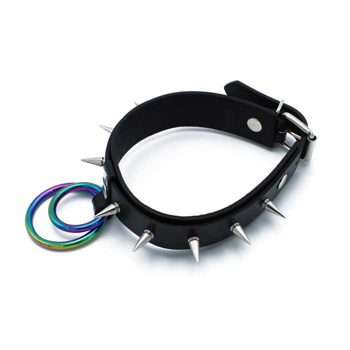 Black Leather Spiked Collar Double Rainbow O-Ring - Afbeelding 6