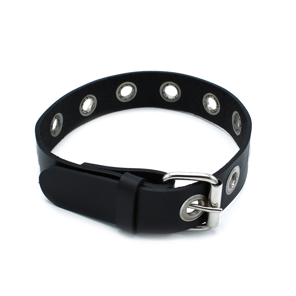 opr-277159-04 Black Leather Slim Collar with Multi-Metal Eyelets - Afbeelding 1