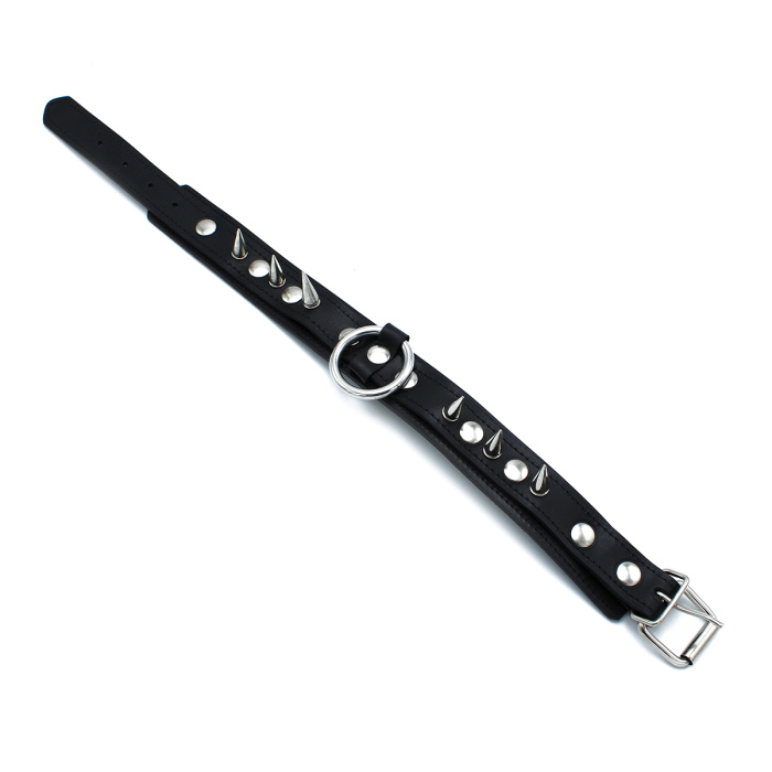 Black Leather Spiked Collar with O-Ring - Afbeelding 2