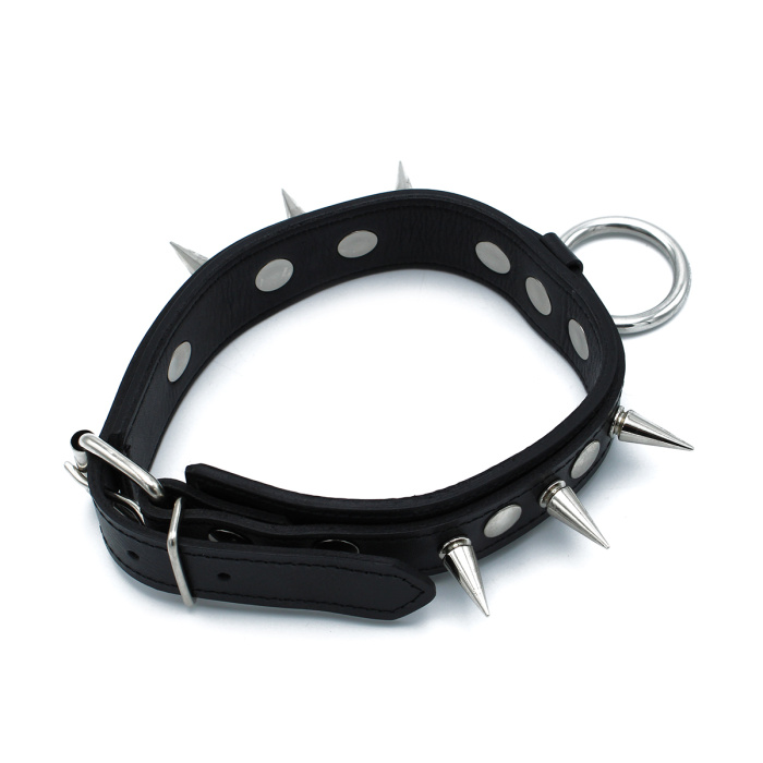 Black Leather Spiked Collar with O-Ring - Afbeelding 3
