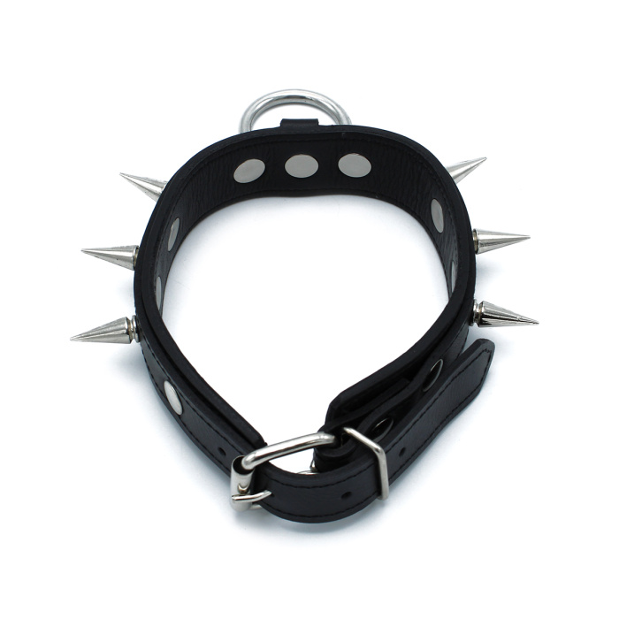 Black Leather Spiked Collar with O-Ring - Afbeelding 4
