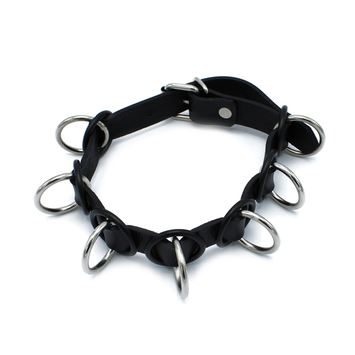 Black Leather Collar with 7 Statement Rings - Afbeelding 4