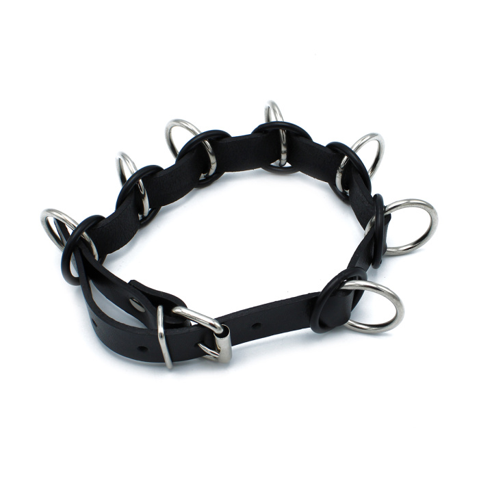 Black Leather Collar with 7 Statement Rings - Afbeelding 5