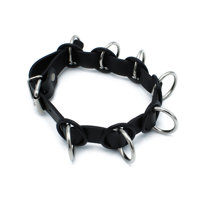 Black Leather Collar with 7 Statement Rings - Afbeelding 6