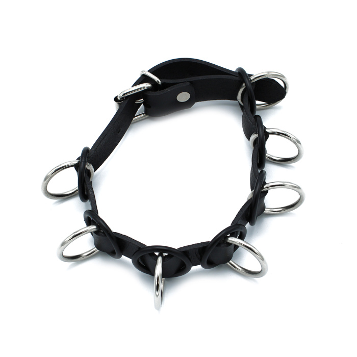 Black Leather Collar with 7 Statement Rings - Afbeelding 7