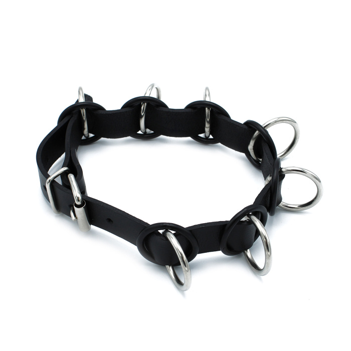 Black Leather Collar with 7 Statement Rings - Afbeelding 8