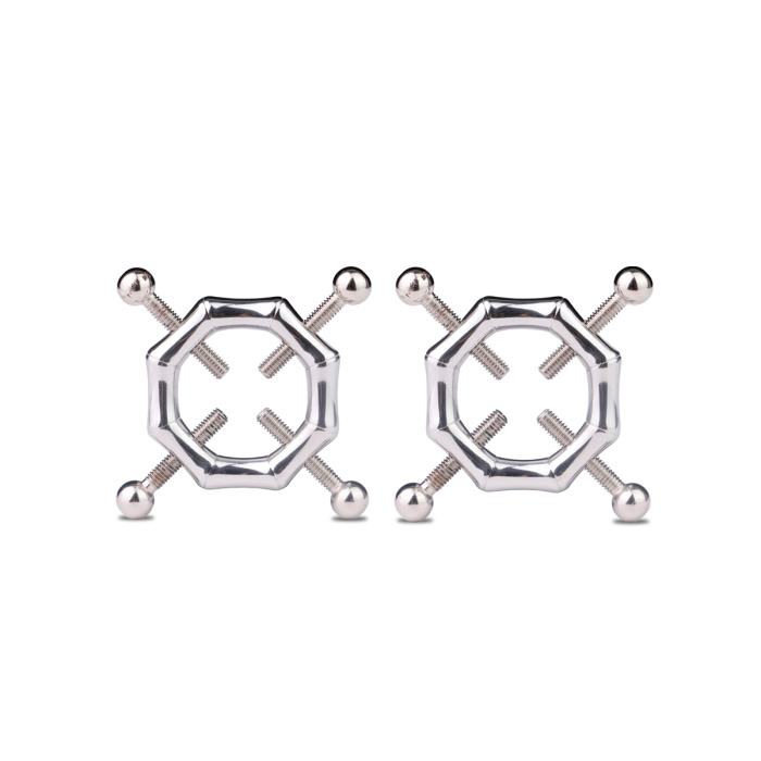 Hexagon Nipple Clamps Bells & Leather Harness - Afbeelding 3
