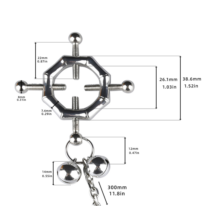 Hexagon Nipple Clamps Bells & Leather Harness - Afbeelding 4