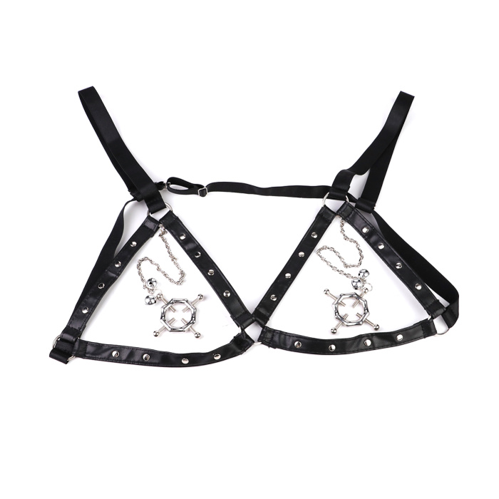 Hexagon Nipple Clamps Bells & Leather Harness - Afbeelding 5
